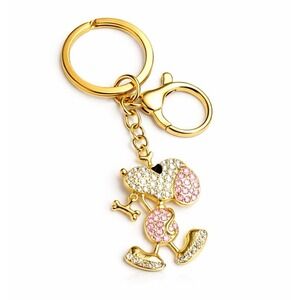 Snoopy Like Dog Gold Tone Keychain Bag Backpack Charm Pink Rhinestone Metal Clip